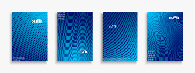 Collection of blue digital contemporary covers, templates, posters, placards, brochures, banners, flyers and etc. Abstract striped futuristic backgrounds with gradient. Halftone technology design - obrazy, fototapety, plakaty