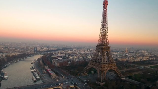Aerial close up view of Paris Eiffel Tower Tour de Eiffel and panoramic view over Seine River and Paris city attractions at sunset 