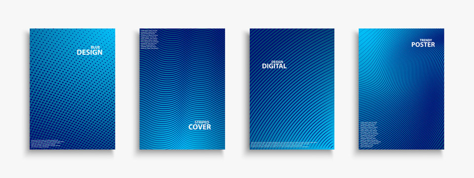 Collection of blue digital contemporary covers, templates, posters, placards, brochures, banners, flyers and etc. Abstract striped futuristic backgrounds with gradient. Halftone technology design