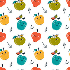 Cute Apple Fruits Colorful Background. Seamless Pattern with Kawaii Apples and Leaves. Summer Fruit Wallpaper. Healthy Food Autumn Background for Kids