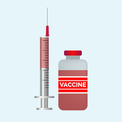Red Vaccine bottle and injection syringe on blue background vector medical illustration 