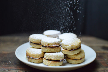 Vanilice, vanilla cookies with jam , sprinkled with powdered sugar, on the wooden background