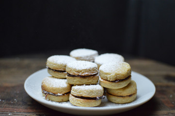 Vanilice, serbian homemade vanilla butter cookies with powdered sugar on the white plate