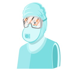 Doctor or scientist man clothed in chemical or virus protection suit and special glasses