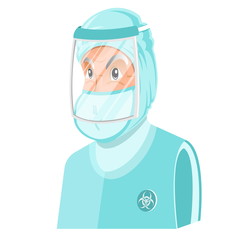 Doctor or scientist man clothed in chemical or virus protection suit and transperent glass mask on face