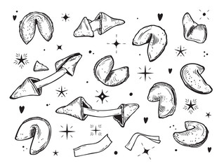 Food Vector Set. Sweet Pastries. Hand drawn Chinese fortune cookies and crushed Fortune cookie with blank note inside