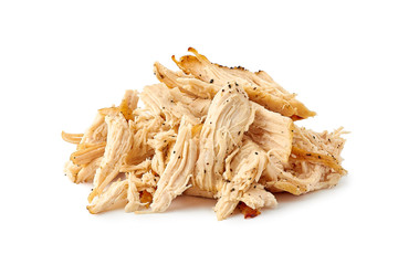 Heap of pulled chicken meat on white - obrazy, fototapety, plakaty