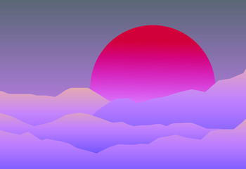 Retrofuturistic minimal landscape with neon sunset above the mountains or hills. Vaporwave and Sytnhwave style.