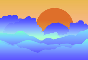 Retrofuturistic minimal landscape with neon sunset above the mountains or hills. Vaporwave and Sytnhwave style.