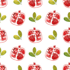 watercolor pattern with hand painted pomegranates and greenleaves