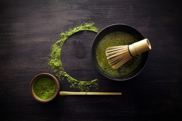 Matcha powder. Organic green matcha tea ceremony. Healthy drink. Traditional japanese drink on...