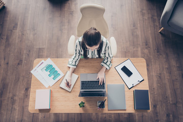 Top above high angle view portrait of her she nice attractive smart clever focused girl writing...