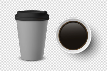 Vector 3d Realistic Gray Disposable Closed and Opened Paper, Plastic Coffee Cup for Drinks with Black Lid Set Closeup Isolated on Transparent Background. Design Template, Mockup. Top and Front View