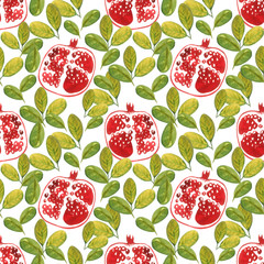 watercolor pattern with hand painted pomegranates and greenleaves