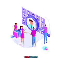 Trendy flat illustration. Businessmen are looking for an employee. Open vacancy. Hiring staff. Discussion of the applicant. Interview. Human resources. Template for your design works. Vector graphics.