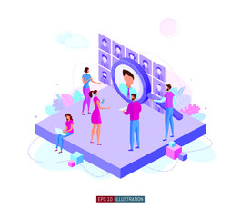 Trendy flat illustration. Businessmen are looking for an employee. Open vacancy. Hiring staff. Discussion of the applicant. Interview. Human resources. Template for your design works. Vector graphics.