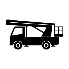 Aerial platform icon. A car for lifting people to a height. Black silhouette. Side view. Vector graphic illustration. Isolated object on a white background. Isolate.