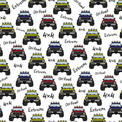Fototapety  Multi-colored SUVs for off-road driving. Isolated object on a white background. Front view. Baby seamless pattern. Hand drawn vector graphic illustration. Texture.