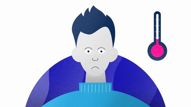 Man With Virus Symptoms Including Coughing, Fever and Breathing Difficulties. Modern flat, textured style animated illustration.