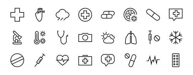 Simple Set of Medicine, Pills Related Vector Line Icons. Contains icons such as Pain, Syringe, tablet and more. Editable stroke. 480x480 pixels perfect, on a white background