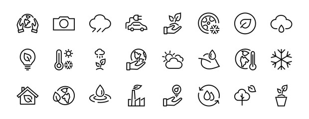 Set of icons on the theme of Ecology, vector lines, contains icons such as electric car, global warming, forest, eco, watering plants and much more. Editable stroke, White background.