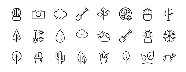 A set of Rosteniya Icons, and garden care, Vector illustration, Contains Icons such as tree, cactus, watering can, spade, flower and much more. on a white background, editable bar 480x480