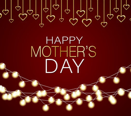 Mothers Day banner. Golden hearts and garland on red background. Vector illustration.