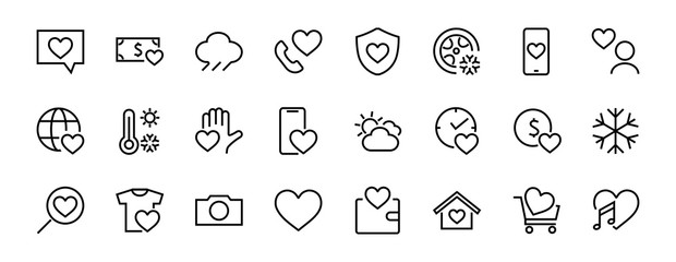 The set of icons about love contains such icons as love of music, declaration of love, heart, favorite home, Linear set. Vector on a white background. Editable stroke. 480x480