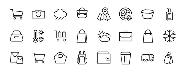 A simple set of bags, shopping and travel icons. Vector illustration Contains icons such as Card, wallet, shopping basket, discount, bowl, package. On a white background, editable stroke. 48x48 pixels