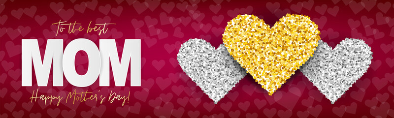 Mothers Day banner, website or newsletter header. To the best mom. Golden glitter hearts on red background. Vector illustration.