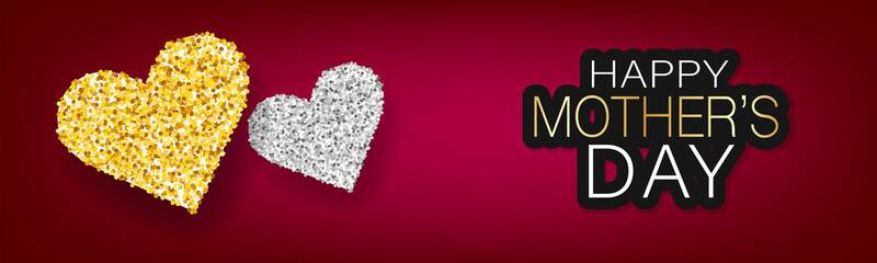 Mothers Day simple banner, website or newsletter header. Golden glitter hearts on red background. Vector illustration.