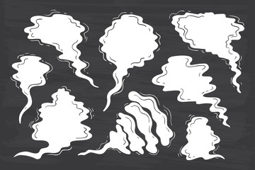 Steam clouds silhouette Vector Set. Hand drawn Doodle Smoke, Cloud, Fog or Steam. Chalk Board background. Black and white illustration