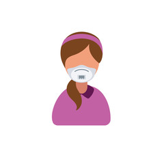 avatar of a girl in a medical mask with a hairdo tail at the computer in headphones and a hoop, flat icon of manager and seller at work virus and epidemic protection, programmer and designer remote 