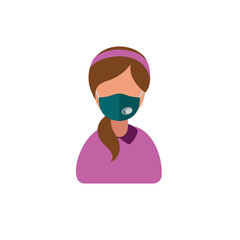 avatar of a girl in a medical mask with a hairdo tail at the computer in headphones and a hoop, flat icon of manager and seller at work virus and epidemic protection, programmer and designer remote 