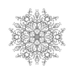 Coloring book with mandala. Mandala with flowers, patterns, curls, black line on a white background in cartoon style. Decorative illustration with leaves, branches and flowers