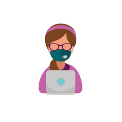 avatar of a girl in a medical mask with a hairdo tail at the computer in headphones and a hoop, flat icon of manager and seller at work virus and epidemic protection, programmer and designer remote 