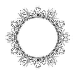 Round frame template. Coloring book mandala with a black line with decorative flowers, stamens and leaves on a white background. Illustration for coloring with a place for an inscription.