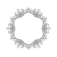 Round frame template. Coloring mandala with a black line on a white background with decorative flowers and leaves. Illustration for coloring with a place for an inscription