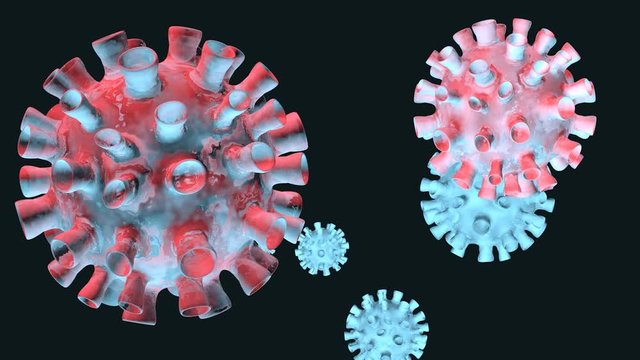 3d animation of coronavirus flying on black background close up
