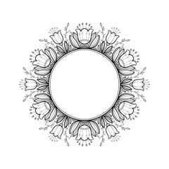 Round frame template. Coloring book mandala with a black line with decorative tulips, stamens and leaves on a white background. Illustration for coloring with a place for an inscription.