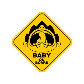 Baby On Car Sticker. Kid On Board. Face Of Crying Boy. Children Tantrum