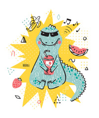 Summer T-shirt print design for kids fashion with Cute Dinosaur. Hand drawn doodle Dinosaur in sunglasses with fruit drink. Cartoon Animal vector illustration