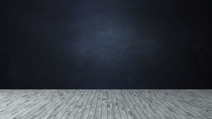 Dark blue wall like a blackboard and wooden floor for product and empty scene