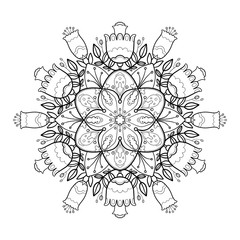 Coloring book with mandala. Mandala with large flowers, leaves, stamens with a black line on a white background in cartoon style. Decorative illustration for coloring and rest.