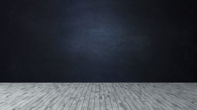 Dark blue wall like a blackboard and wooden floor for product and empty scene