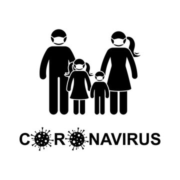 Coronavirus stick figure man, woman, children, kid icon sign symbol vector illustration pictogram. Stickman family wearing mask to avoid virus infection silhouette set on white