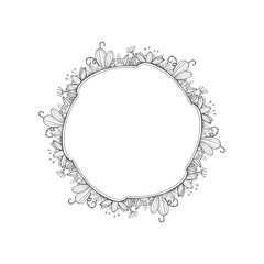 Round frame template. Coloring mandala with a black line with different decorative flowers, stamens, leaves, curls, dill on a white background. Illustration for coloring 