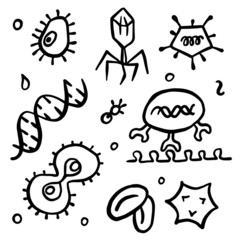 Set of hand drawn biological elements. Viruses and microworld drawn in childish style, unstraight lines, black and white.  