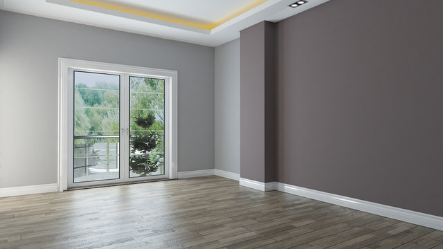 two color wall empty room interior design with wooden floor