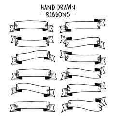 Hand drawn ribbons set. Ribbons collection. Hand drawn ribbon isolated on white background. Ribbons vector and illustrations.